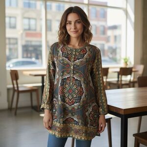 Johnny Was Silk Paisley Multicolor Roll Tab Boho Pink Top Shirt XL